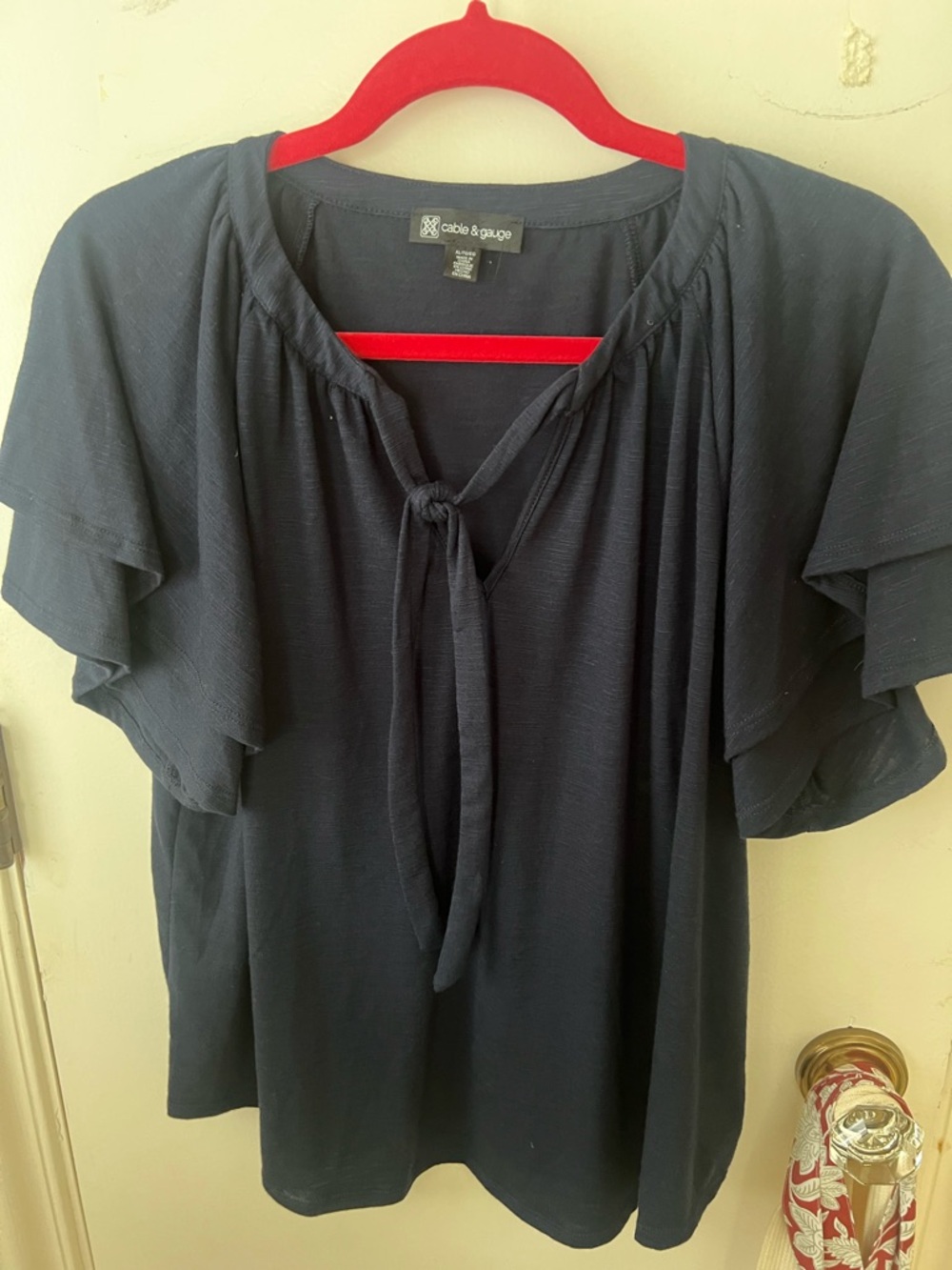Cable & Gauge Navy Tie-Front Flutter Sleeve Blouse